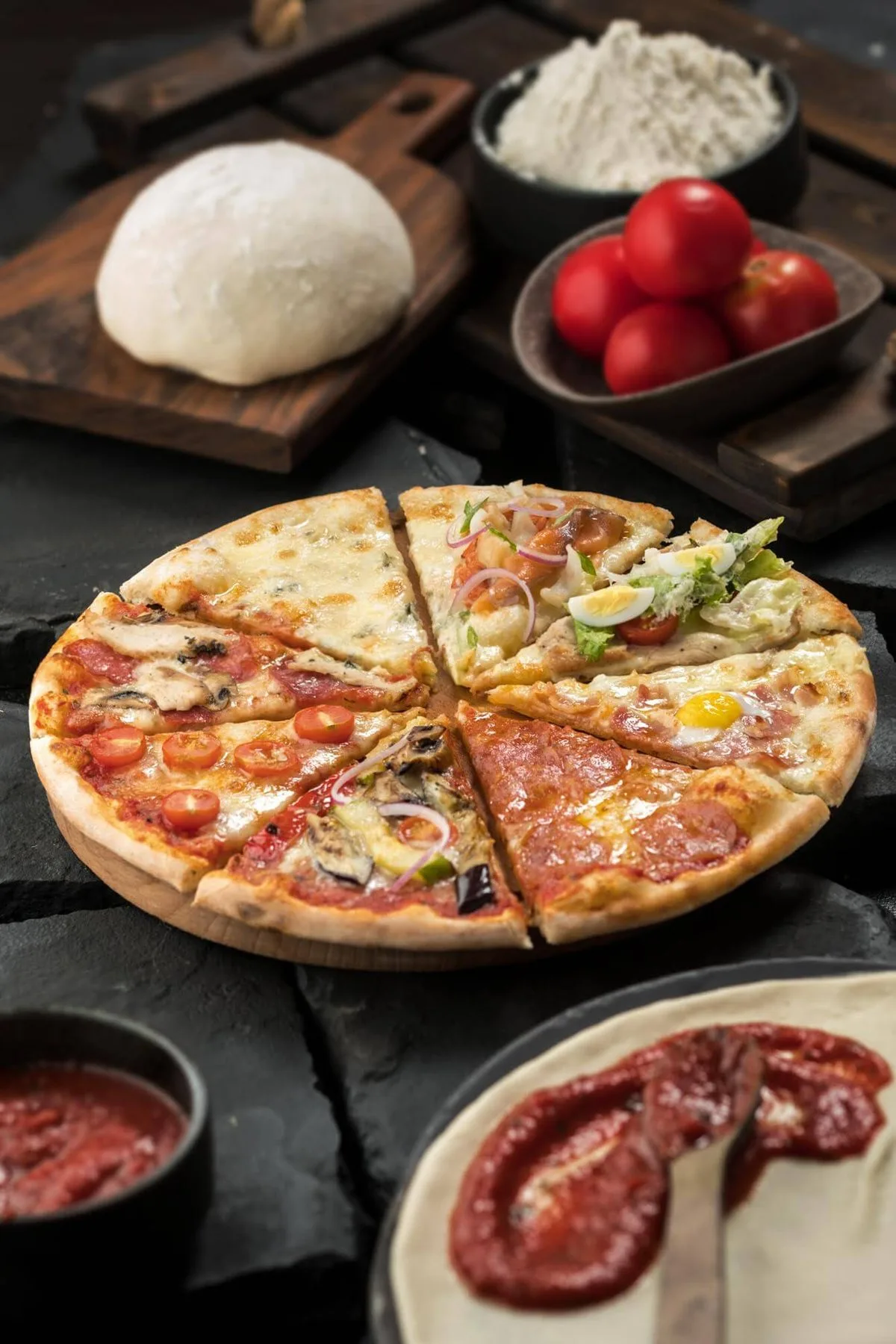 Pizza with dough, tomatoes and flour on a dark table