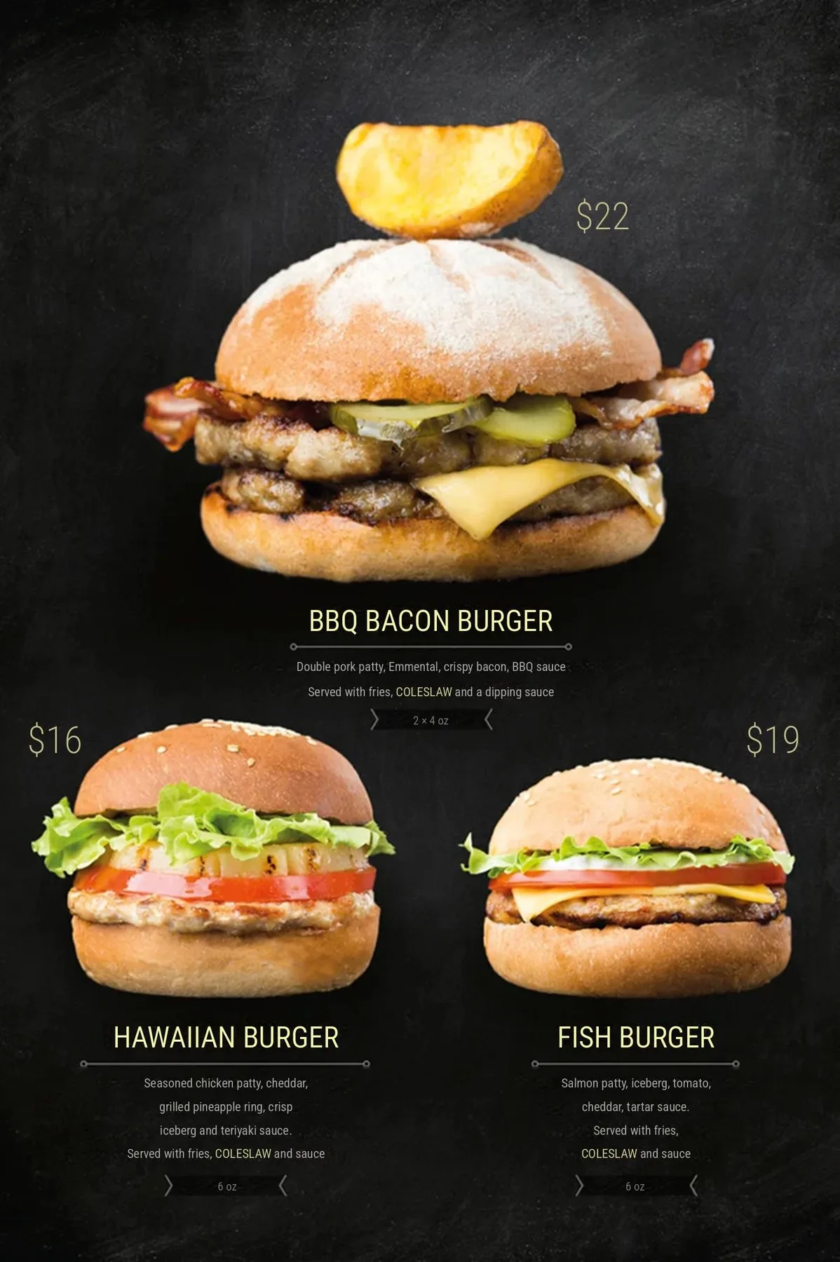 Burger menu page with three burgers and prices