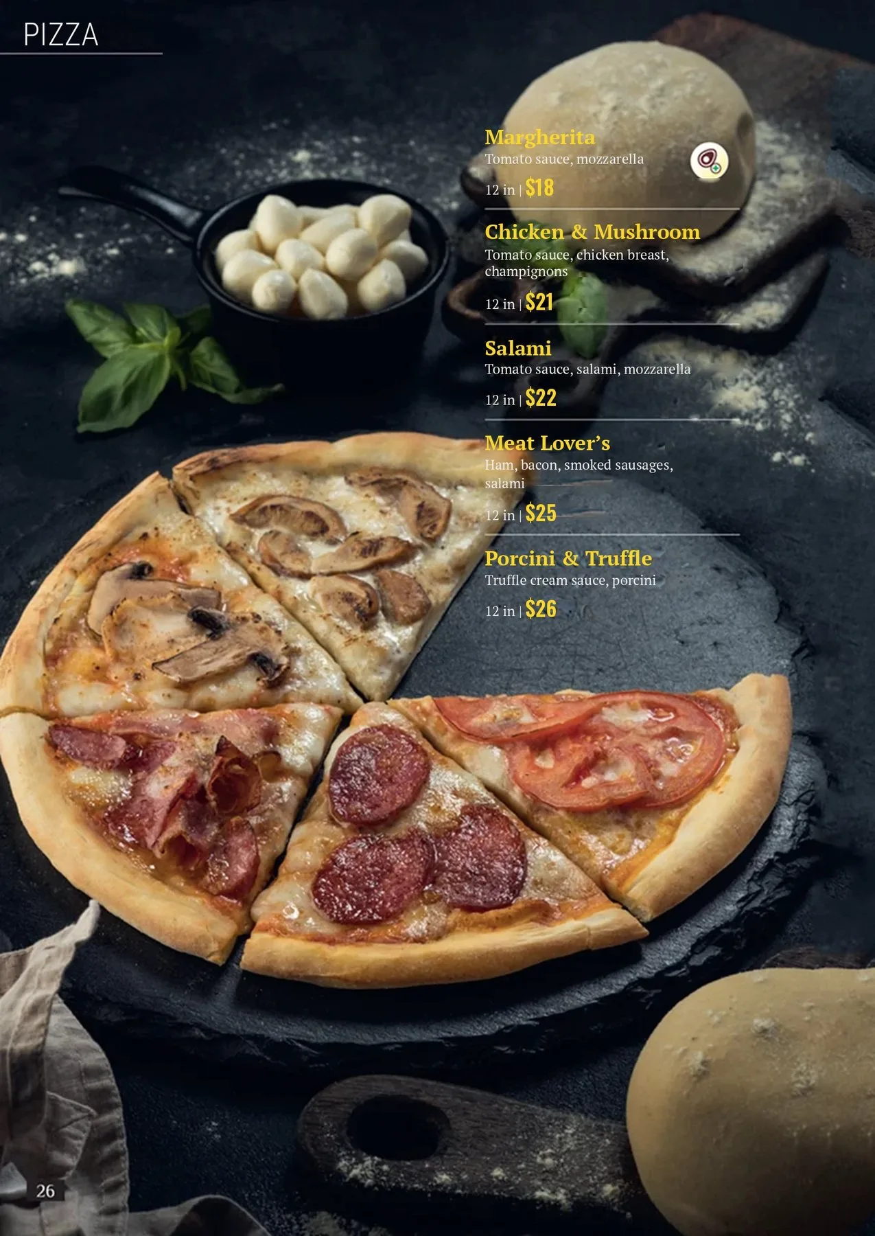 Pizza menu page with slices and toppings