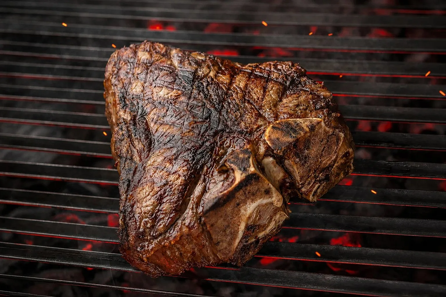 Tomahawk steak on a grill over glowing coals