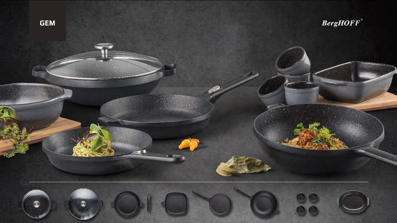 BergHOFF cookware set with dishes on a dark background