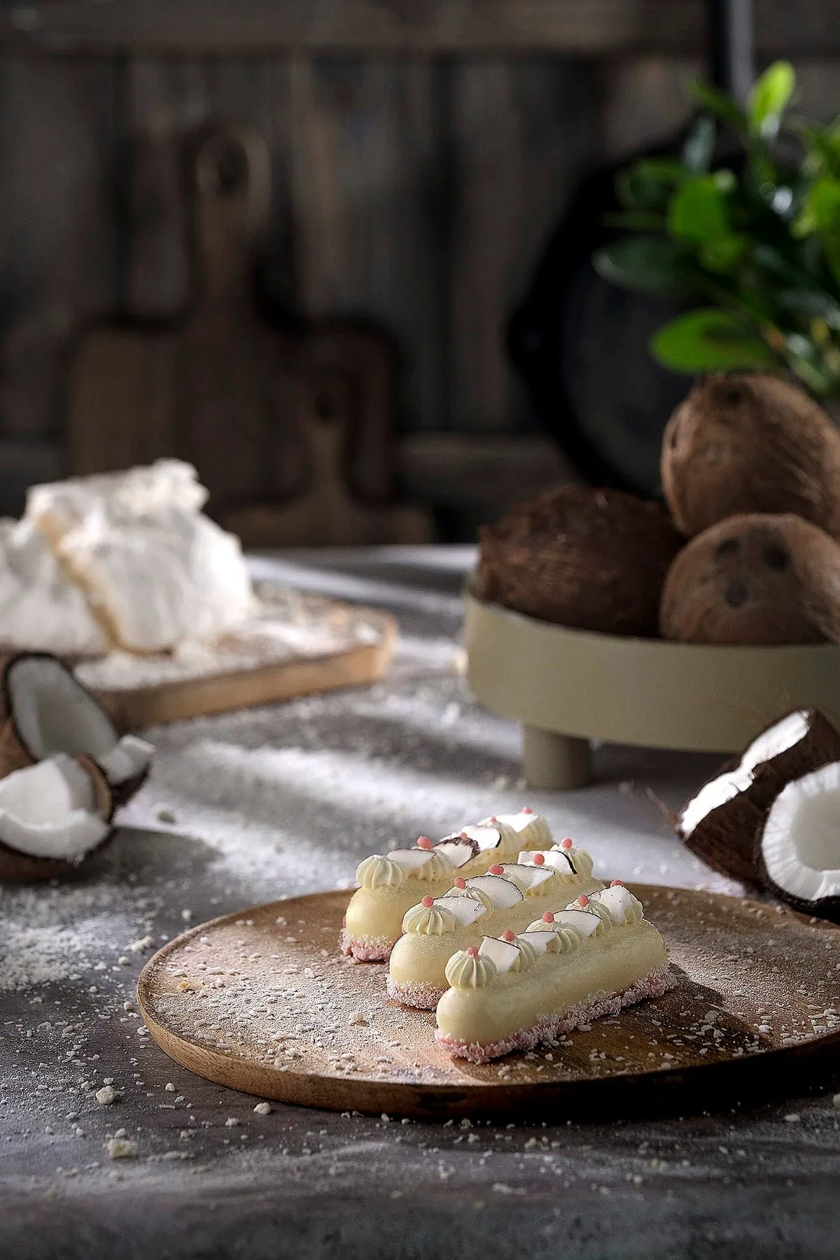Coconut dessert on a wooden board