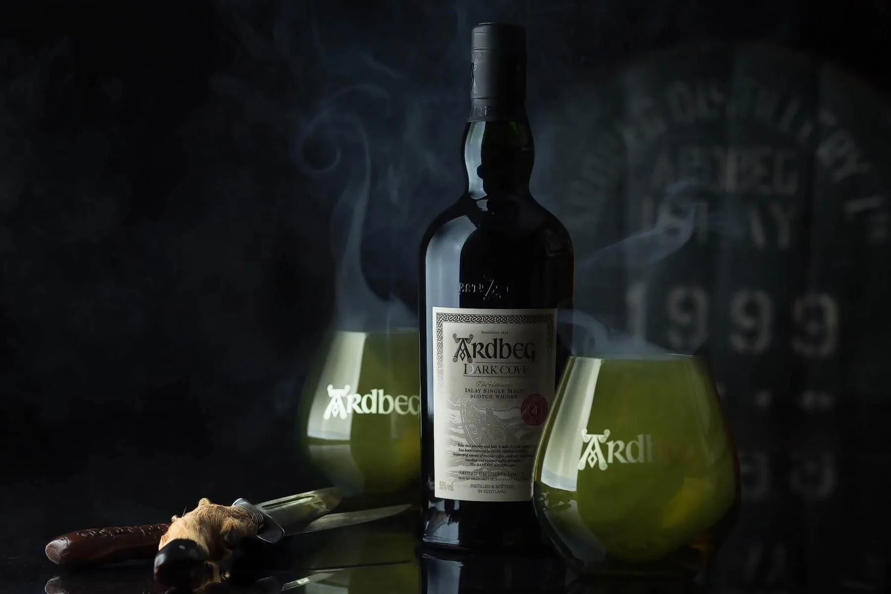 Ardbeg whisky with two glasses