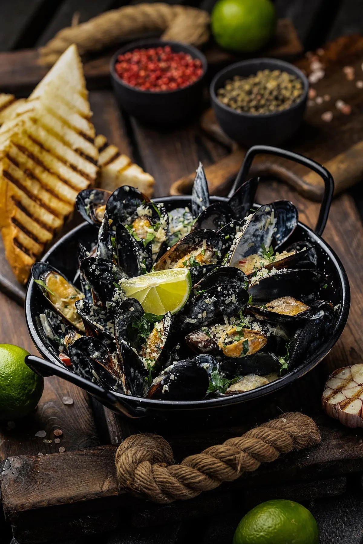 Mussels in a pan with lime and spices