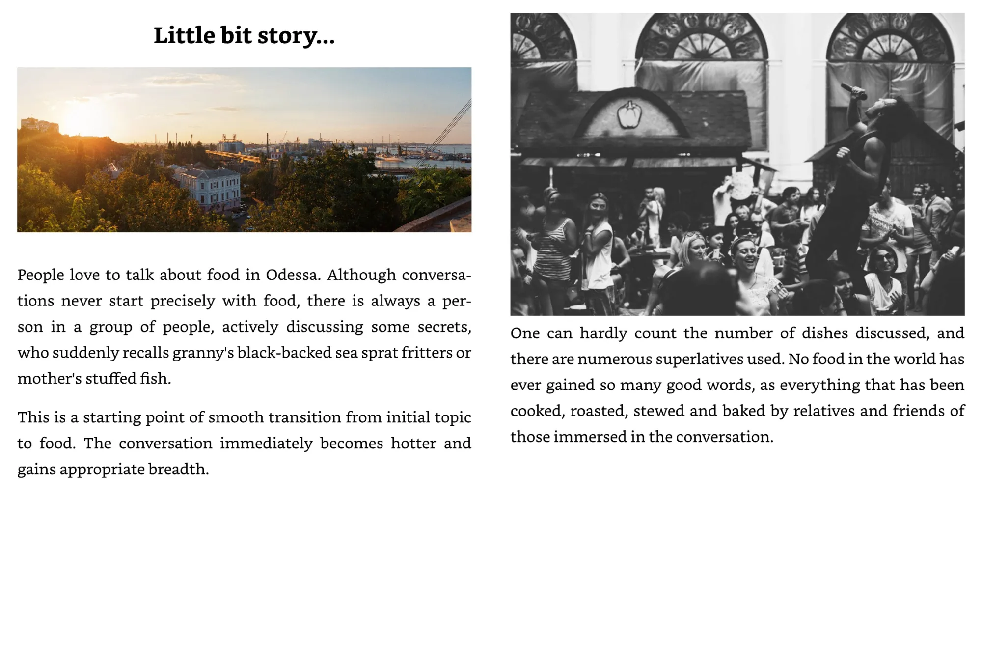 Spread from Odessa's Snacks: a view of Odesa and a street concert