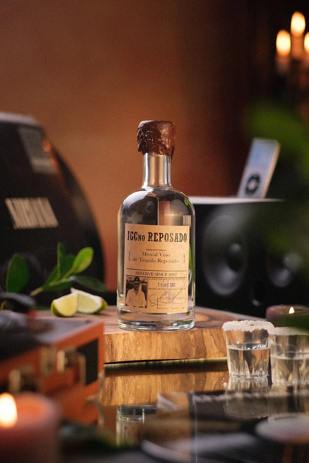 Mezcal reposado · bottle on set
