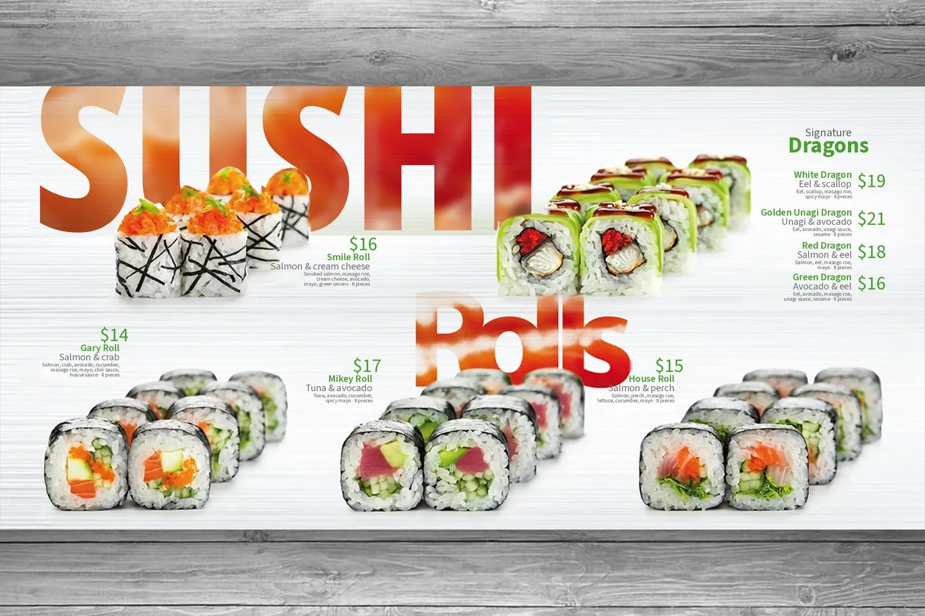 Sushi menu spread with roll prices