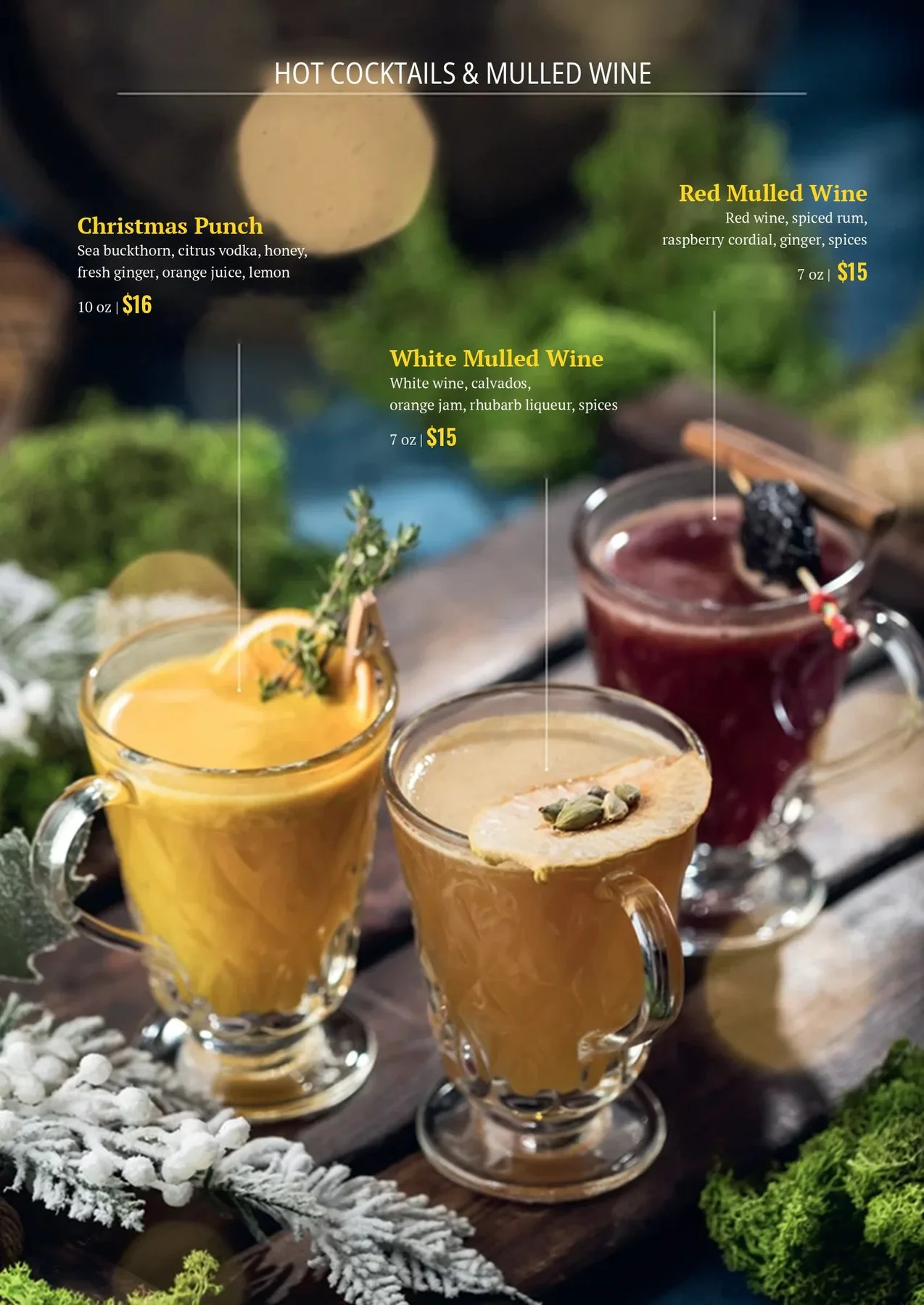 Menu page with hot cocktails and mulled wine